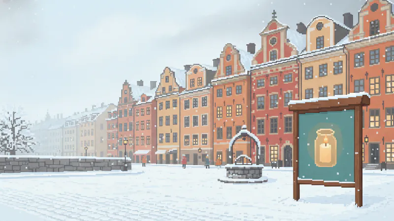 En reklamtavla på ett torg i tidig vinter, med en annons som Nora gjort och som väntar på ditt OK.