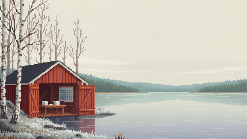 Nora lägger upp en månads prospektering på väggkalendern i ett båthus vid sjön.
